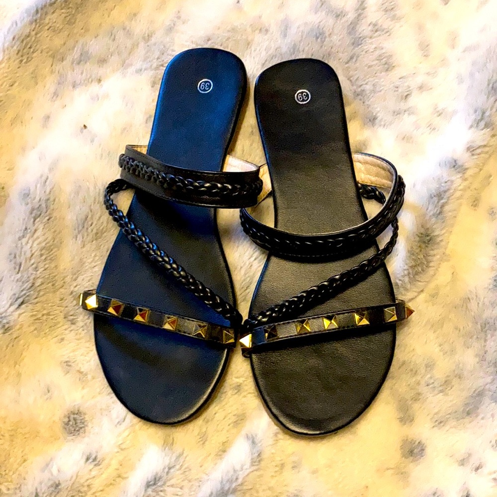 Black braided and studded sandals